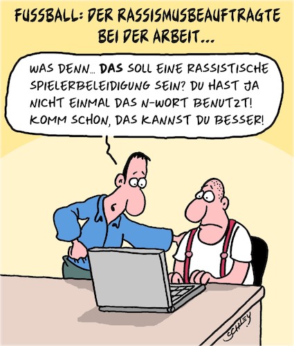 Cartoon: Fußball und Rassismus (medium) by Karsten Schley tagged fußball,fans,rassismus,rassismusbeauftragte,spieler,meisterschaften,internet,medien,fußball,fans,rassismus,rassismusbeauftragte,spieler,meisterschaften,internet,medien