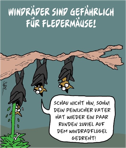 Cartoon: Gefährliche Windräder!! (medium) by Karsten Schley tagged windräder,energie,gefahr,natur,tiere,fledermäuse,umwelt,umweltschutz,politik,gesellschaft,windräder,energie,gefahr,natur,tiere,fledermäuse,umwelt,umweltschutz,politik,gesellschaft