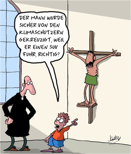 Cartoon: Gekreuzigt (medium) by Karsten Schley tagged suv,klima,klimaschützer,autos,verkehr,emissionen,religion,politik,suv,klima,klimaschützer,autos,verkehr,emissionen,religion,politik