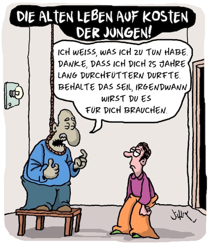 Cartoon: Generationskonflikt (medium) by Karsten Schley tagged generationen,jugend,alter,politik,finanzen,renten,soziales,gesellschaft,medien,generationen,jugend,alter,politik,finanzen,renten,soziales,gesellschaft,medien