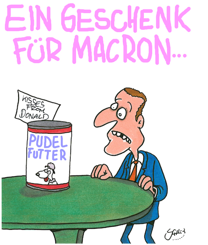 Cartoon: Geschenk für Macron (medium) by Karsten Schley tagged macron,trump,usa,frankreich,europa,politik,wirtschaft,diplomatie,militär,bündnisse,macron,trump,usa,frankreich,europa,politik,wirtschaft,diplomatie,militär,bündnisse