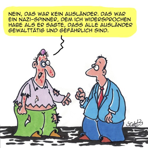 Cartoon: Gewalt!! (medium) by Karsten Schley tagged kriminalität,ausländer,einwanderer,rechtsextremismus,gesundheit,politik,gesellschaft,nazis,europa,deutschland,kriminalität,ausländer,einwanderer,rechtsextremismus,gesundheit,politik,gesellschaft,nazis,europa,deutschland