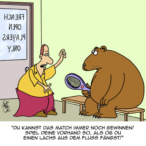 Cartoon: Gewinner!! (medium) by Karsten Schley tagged motivation,open,french,ballsport,sport,tennis,trainer,coaching,tiere,natur,bären,lachse,tennis,sport,ballsport,french,open,motivation,trainer,coaching,tiere,natur,bären,lachse