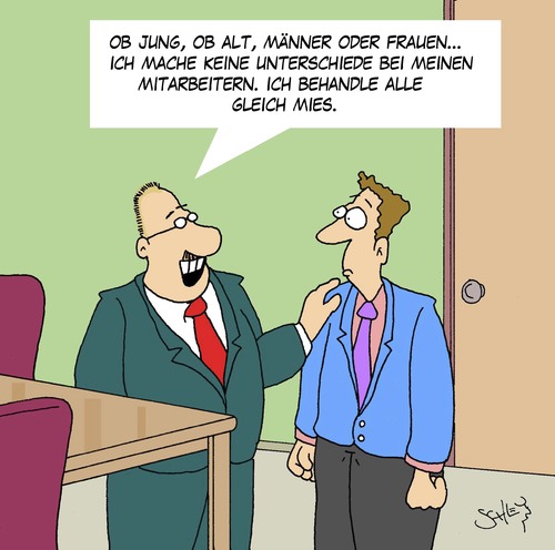 Cartoon: Gleichbehandlung (medium) by Karsten Schley tagged arbeit,arbeitgeber,arbeitnehmer,fairniss,jobs,wirtschaft,business,mobbing,vorgesetzte,arbeit,arbeitgeber,arbeitnehmer,fairniss,jobs,wirtschaft,business,mobbing,vorgesetzte