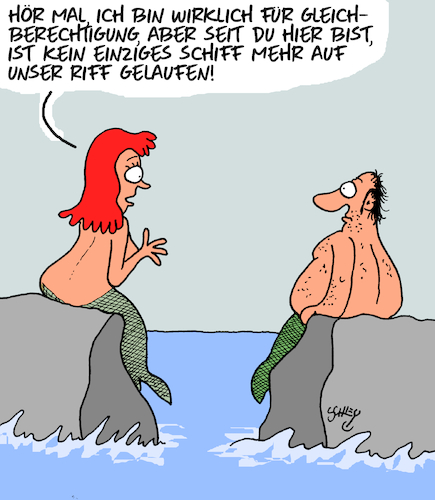 Cartoon: Gleichberechtigung (medium) by Karsten Schley tagged gleichberechtigung,männer,frauen,arbeit,meerjungfrauen,märchen,mythen,medien,filme,tv,comics,literatur,unterhaltung,gleichberechtigung,männer,frauen,arbeit,meerjungfrauen,märchen,mythen,medien,filme,tv,comics,literatur,unterhaltung