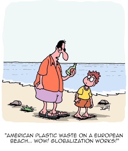 Cartoon: Globalization works! (medium) by Karsten Schley tagged globalization,economy,business,plastic,waste,environment,pollution,industry,politics,globalization,economy,business,plastic,waste,environment,pollution,industry,politics