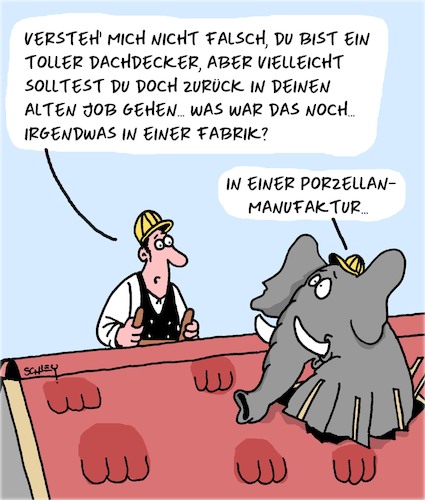 Cartoon: Goldenes Handwerk (medium) by Karsten Schley tagged handwerker,dachdecker,talent,karriere,jobs,tiere,elefanten,wirtschaft,business,gesellschaft,handwerker,dachdecker,talent,karriere,jobs,tiere,elefanten,wirtschaft,business,gesellschaft