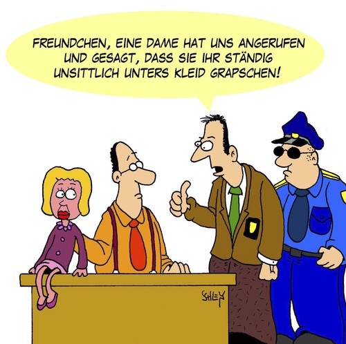 Cartoon: Grapschen (medium) by Karsten Schley tagged männer,frauen,polizei,kriminalität,frauenfeindlichkeit,belästigung,unsittlich,gesellschaft,männer,frauen,polizei,kriminalität,frauenfeindlichkeit,sex,belästigung,unsittlich,gesellschaft