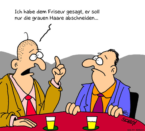 Cartoon: Graue Haare (medium) by Karsten Schley tagged männer,alter,gesellschaft,mode,männer,alter,gesellschaft,mode,rentner,altern,wechseljahre,friseur,frisur,glatze,haarausfall,beauty,fashion,grauer haare,grauer,haare,eitelkeit,eitel