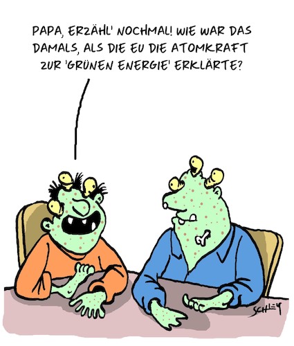 Cartoon: Grüne Energie (medium) by Karsten Schley tagged eu,politik,energie,atomkraft,brückenenergie,umwelt,gesellschaft,eu,politik,energie,atomkraft,brückenenergie,umwelt,gesellschaft