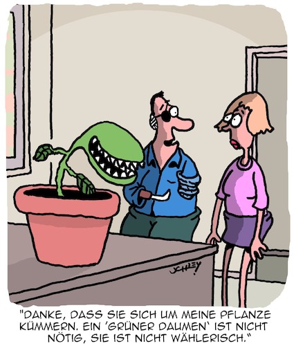 Cartoon: Grüner Daumen (medium) by Karsten Schley tagged nachbarschaft,pflanzen,biologie,männer,frauen,beziehungen,pflege,ernährung,gesellschaft,nachbarschaft,pflanzen,biologie,männer,frauen,beziehungen,pflege,ernährung,gesellschaft