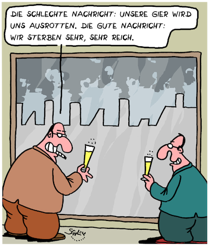 Cartoon: Gute Nachricht! (medium) by Karsten Schley tagged umwelt,klima,industrie,gier,kapitalismus,geld,profite,aktien,menschheit,gesellschaft,umwelt,klima,industrie,gier,kapitalismus,geld,profite,aktien,menschheit,gesellschaft