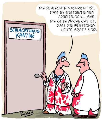 Cartoon: Gute Nachricht!! (medium) by Karsten Schley tagged schlachtereibetriebe,industrie,arbeit,arbeitsunfälle,gesundheit,ernährung,wirtschaft,schlachtereibetriebe,industrie,arbeit,arbeitsunfälle,gesundheit,ernährung,wirtschaft