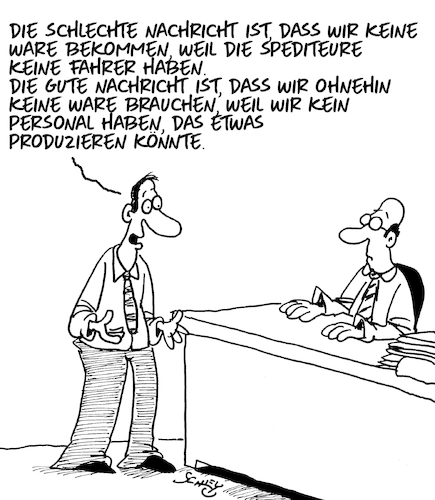 Cartoon: Gute Nachricht! (medium) by Karsten Schley tagged wirtschaft,warenknappheit,fahrermangel,personalmangel,stillstand,wachstum,inflation,rezession,produktion,industrie,politik,gesellschaft,wirtschaft,warenknappheit,fahrermangel,personalmangel,stillstand,wachstum,inflation,rezession,produktion,industrie,politik,gesellschaft