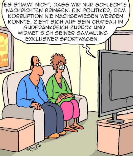 Cartoon: Gute Nachrichten!! (medium) by Karsten Schley tagged nachrichten,journalismus,medien,objektivität,politik,gesellschaft,korruption,kriminalität,nachrichten,journalismus,medien,objektivität,politik,gesellschaft,korruption,kriminalität
