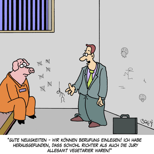 Cartoon: GUTE NEUIGKEITEN! (medium) by Karsten Schley tagged gesetz,gerechtigkeit,justiz,richter,gefängnis,gefangener,berufung,anwälte,rechtsanwälte,ernährung,vegetarier,gesetz,gerechtigkeit,justiz,richter,gefängnis,gefangener,berufung,anwälte,rechtsanwälte,ernährung,vegetarier