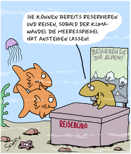 Cartoon: Gute Reise! (medium) by Karsten Schley tagged reisen,tourismus,natur,umwelt,meeresspiegel,klimawandel,tiere,gesellschaft,reisen,tourismus,natur,umwelt,meeresspiegel,klimawandel,tiere,gesellschaft