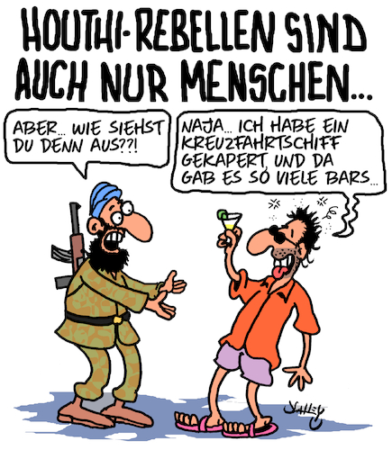 Cartoon: Houthi-Rebellen (medium) by Karsten Schley tagged houthis,piraten,schifffahrt,handel,wirtschaft,militär,iran,politik,houthis,piraten,schifffahrt,handel,wirtschaft,militär,iran,politik