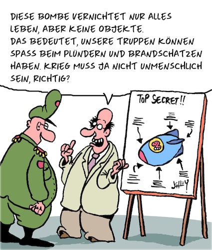 Cartoon: Humaner Krieg (medium) by Karsten Schley tagged krieg,militär,forschung,wissenschaft,bomben,tod,humanität,wissenschaftler,plünderungen,kriegsverbrechen,politik,krieg,militär,forschung,wissenschaft,bomben,tod,humanität,wissenschaftler,plünderungen,kriegsverbrechen,politik