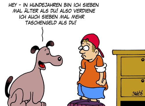Cartoon: Hundejahre (medium) by Karsten Schley tagged kinder,tiere,taschengeld,hunde,haustiere,gesellschaft,kinder,tiere,taschengeld,hunde,haustiere,gesellschaft