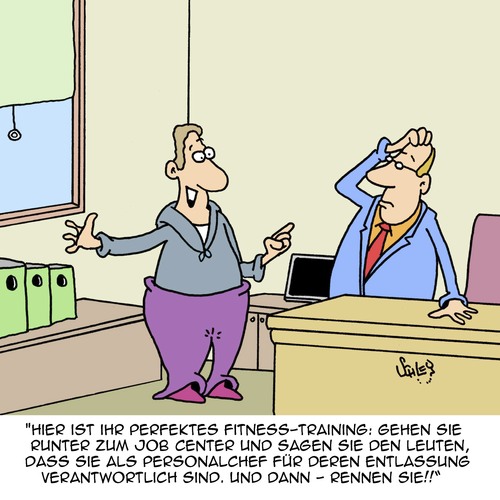 Cartoon: I make you sexy!! (medium) by Karsten Schley tagged arbeit,arbeitslosigkeit,management,sport,fitness,diät,übergewicht,wirtschaft,business,entlassungen,arbeit,arbeitslosigkeit,management,sport,fitness,diät,übergewicht,wirtschaft,business,entlassungen