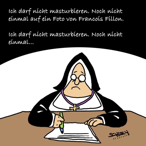 Cartoon: Ich soll nicht... (medium) by Karsten Schley tagged frankreich,wahlen,fillon,konservative,rechtsruck,religion,politik,politiker,frankreich,wahlen,fillon,konservative,rechtsruck,religion,politik,politiker