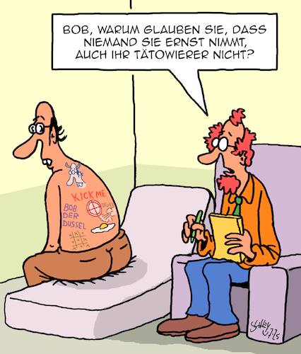 Cartoon: Im Ernst? (medium) by Karsten Schley tagged seriosität,tattoos,tätowierer,selbstbewusstsein,psychologie,psychologen,psychiater,ärzte,patienten,gesellschaft,seriosität,tattoos,tätowierer,selbstbewusstsein,psychologie,psychologen,psychiater,ärzte,patienten,gesellschaft