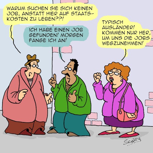 Cartoon: Immer die Ausländer! (medium) by Karsten Schley tagged arbeit,jobs,politik,einwanderer,einheimische,demokratie,wirtschaft,business,gesellschaft,neid,deutschland,europa,arbeit,jobs,politik,einwanderer,einheimische,demokratie,wirtschaft,business,gesellschaft,neid,deutschland,europa