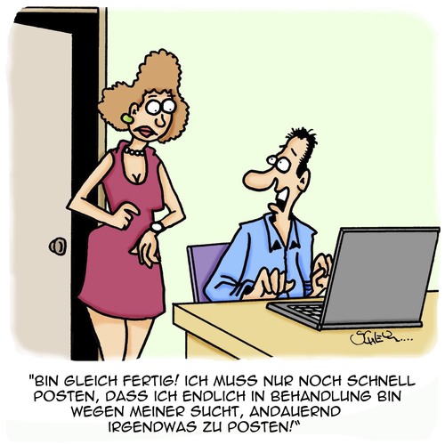 Cartoon: In Behandlung (medium) by Karsten Schley tagged gesundheit,beziehungen,ehe,liebe,frauen,männer,netzwerke,soziale,kommunikation,technik,computer,computer,technik,kommunikation,soziale,netzwerke,männer,frauen,liebe,ehe,beziehungen,gesundheit