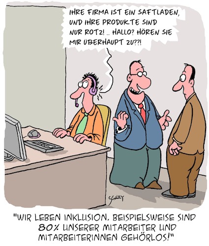 Cartoon: Inklusion (medium) by Karsten Schley tagged inklusion,gesundheit,benachteiligungen,kunden,kundenservice,callcenter,arbeitgeber,arbeitnehmer,business,wirtschaft,dienstleistungen,management,personaler,gesellschaft,inklusion,gesundheit,benachteiligungen,kunden,kundenservice,callcenter,arbeitgeber,arbeitnehmer,business,wirtschaft,dienstleistungen,management,personaler,gesellschaft