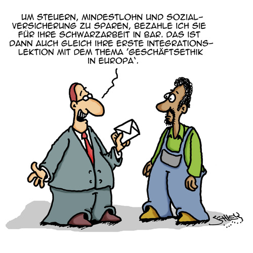 Cartoon: Integration ist machbar!! (medium) by Karsten Schley tagged wirtschaft,business,integration,einwanderer,arbeit,jobs,wirtschaftskriminalität,ethik,schwarzarbeit,sozialversicherung,steuern,steuerbetrug,mindestlohn,wirtschaft,business,integration,einwanderer,arbeit,jobs,wirtschaftskriminalität,ethik,schwarzarbeit,sozialversicherung,steuern,steuerbetrug,mindestlohn