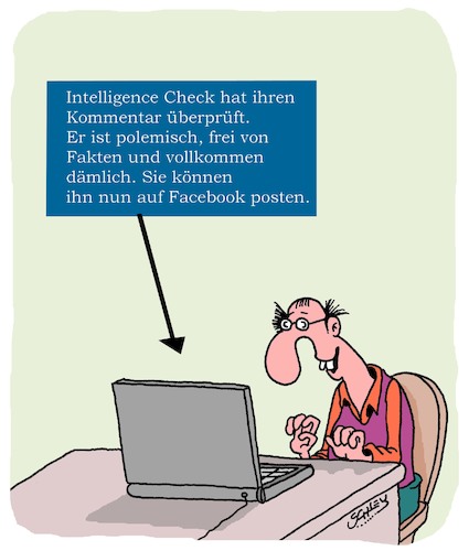 Cartoon: Intelligenz Check (medium) by Karsten Schley tagged facebook,internet,computer,hasskommentare,verschwörungstheorien,politik,gesellschaft,bildung,fakten,dummheit,facebook,internet,computer,hasskommentare,verschwörungstheorien,politik,gesellschaft,bildung,fakten,dummheit