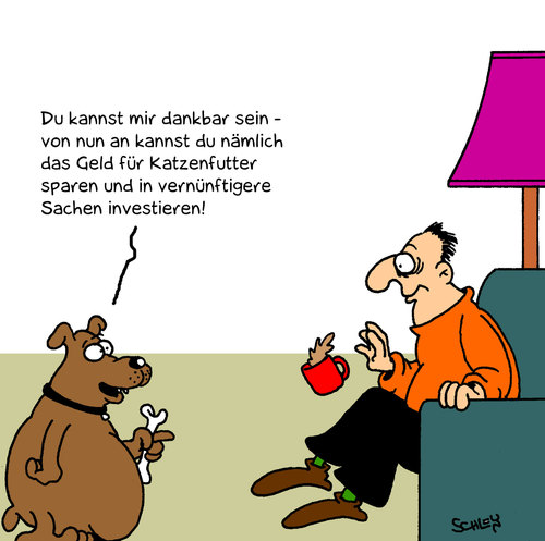 Cartoon: Investieren (medium) by Karsten Schley tagged geld,gesellschaft,wirtschaft,tiere,hunde,katzen,geld,gesellschaft,wirtschaft,tiere,hunde,katzen,haustiere,hund,herrchen,katzenfutter,hundefutter,investition