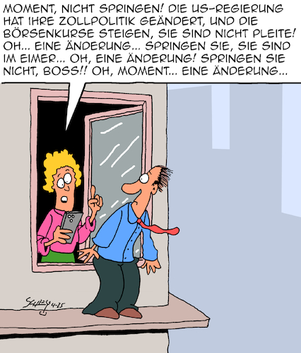 Cartoon: Ja! Nein! Oder doch? (medium) by Karsten Schley tagged usa,politik,zölle,aktien,börsenkurse,gewinne,verluste,wirtschaft,medien,gesellschaft,usa,politik,zölle,aktien,börsenkurse,gewinne,verluste,wirtschaft,medien,gesellschaft