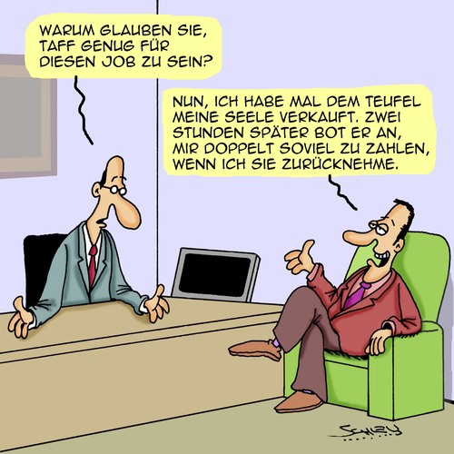 Cartoon: Job-Qualifikation (medium) by Karsten Schley tagged arbeitnehmer,arbeitgeber,business,bewerbungen,jobs,wirtschaft,geld,verkaufen,kompetenz,härte,qualifikation,wirtschaft,jobs,bewerbungen,business,arbeitgeber,arbeitnehmer,qualifikation,härte,kompetenz,verkaufen,geld