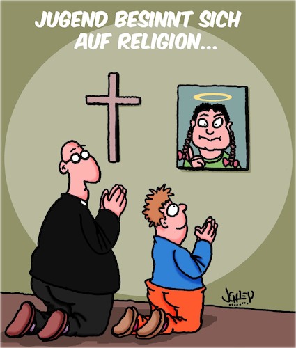 Cartoon: Jugend und Religion (medium) by Karsten Schley tagged jugend,religion,kirchen,greta,thunberg,personenkult,umwelt,klima,politik,jugend,religion,kirchen,greta,thunberg,personenkult,umwelt,klima,politik