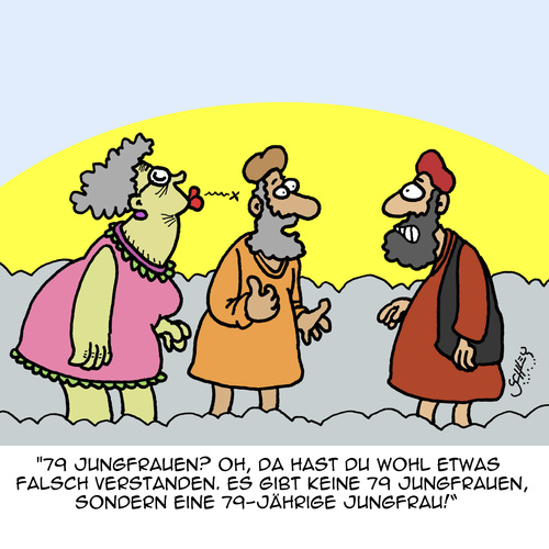 Cartoon: Kann ja mal passieren... (medium) by Karsten Schley tagged religion,terror,islam,muslime,glauben,männer,frauen,mythen,jungfrauen,leben,tod,isis,religion,terror,islam,muslime,glauben,männer,frauen,mythen,jungfrauen,leben,tod,isis