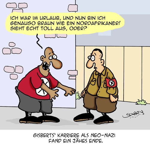 Cartoon: Karriere (medium) by Karsten Schley tagged neonazis,politik,rassismus,demokratie,gesellschaft,migration,urlaub,reisen,karriere,neonazis,politik,rassismus,demokratie,gesellschaft,migration,urlaub,reisen,karriere