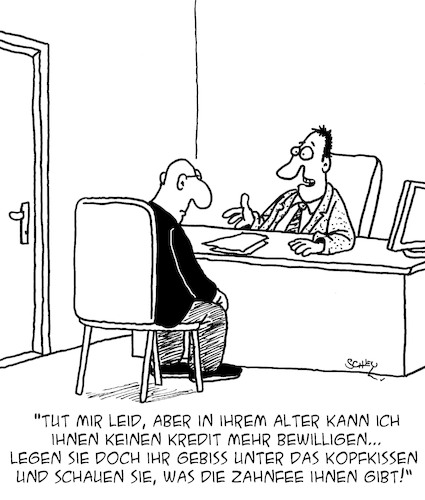 Cartoon: Kein Kredit! (medium) by Karsten Schley tagged kredite,banken,alter,sicherheit,geld,märchen,kunden,kundenservice,wirtschaft,gesellschaft,kredite,banken,alter,sicherheit,geld,märchen,kunden,kundenservice,wirtschaft,gesellschaft