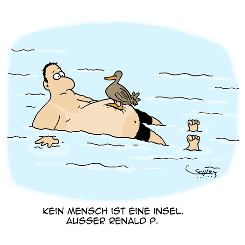 Cartoon: Kein Mensch ist eine Insel... (medium) by Karsten Schley tagged philosophie,menschheit,einsamkeit,souveränität,männer,integrität,pflicht,schwimmen,wasser,enten,philosophie,menschheit,einsamkeit,souveränität,männer,integrität,pflicht,schwimmen,wasser,enten