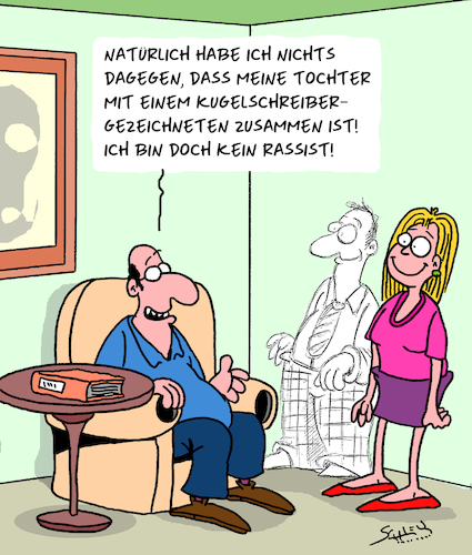 Cartoon: Kein Rassist (medium) by Karsten Schley tagged rassismus,liebe,väter,töchter,beziehungen,vielfalt,gesellschaft,familie,rassismus,liebe,väter,töchter,beziehungen,vielfalt,gesellschaft,familie