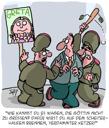 Cartoon: Ketzer!! (medium) by Karsten Schley tagged religion,fundamentalismus,führerkult,medien,politik,greta,umwelt,fff,klima,gesellschaft,religion,fundamentalismus,führerkult,medien,politik,greta,umwelt,fff,klima,gesellschaft