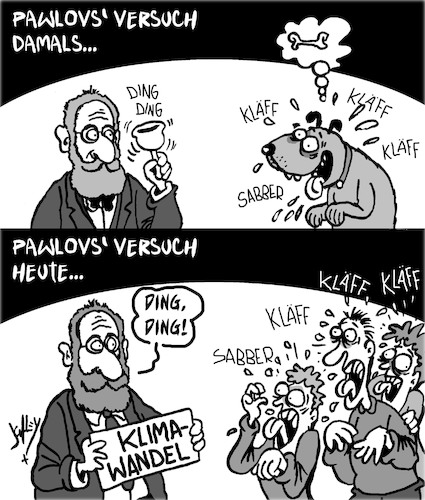 Cartoon: Klima-Paniker (medium) by Karsten Schley tagged pawlov,klimawandel,medien,panikmache,journalismus,politik,gesellschaft,pawlov,klimawandel,medien,panikmache,journalismus,politik,gesellschaft