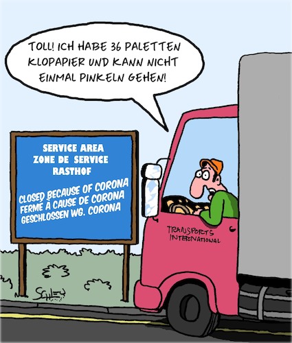 Cartoon: Klopapier (medium) by Karsten Schley tagged klopapier,corona,transport,fernfahrer,raststätten,service,versorgung,politik,klopapier,corona,transport,fernfahrer,raststätten,service,versorgung,politik