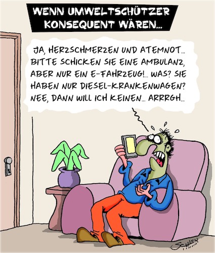 Cartoon: Konsequenter Umweltschutz (medium) by Karsten Schley tagged umweltschützer,glaubwürdigkeit,diesel,natur,klima,elektroautos,gesundheit,umweltschützer,glaubwürdigkeit,diesel,natur,klima,elektroautos,gesundheit