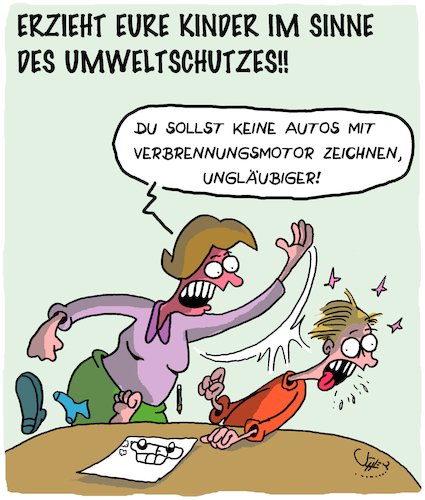 Cartoon: Korrekte Erziehung (medium) by Karsten Schley tagged umweltschutz,erziehung,kinder,klimawandel,autos,technik,familien,religion,gesellschaft,umweltschutz,erziehung,kinder,klimawandel,autos,technik,familien,religion,gesellschaft