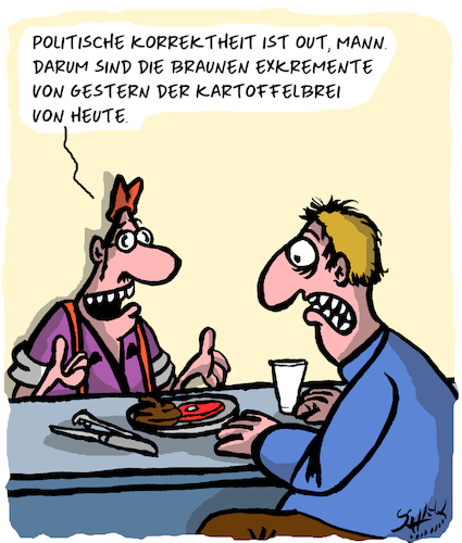 Cartoon: Korrektheit (medium) by Karsten Schley tagged sprache,begriffe,politik,rechtsextremismus,faschismus,neonazis,populismus,definitionen,gastronomie,ernährung,gesellschaft,bildung,sprache,begriffe,politik,rechtsextremismus,faschismus,neonazis,populismus,definitionen,gastronomie,ernährung,gesellschaft,bildung