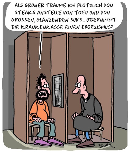 Cartoon: Krankenkasse (medium) by Karsten Schley tagged grüne,besessenheit,parteisoldaten,suv,ernährung,vegetarier,veganer,steaks,kirche,priester,exorzismus,politik,grüne,besessenheit,parteisoldaten,suv,ernährung,vegetarier,veganer,steaks,kirche,priester,exorzismus,politik