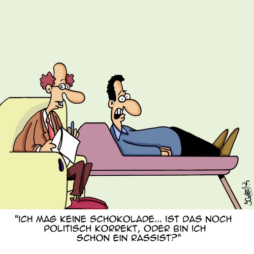 Cartoon: Krass korrekt! (medium) by Karsten Schley tagged rassismus,politik,schokolade,korrektheit,ernährung,psychiater,patienten,gesundheit,rassismus,politik,schokolade,korrektheit,ernährung,psychiater,patienten,gesundheit