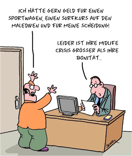 Cartoon: Krise (medium) by Karsten Schley tagged midlife,crisis,kredite,geld,wirtschaft,männer,alter,sport,scheidung,ehe,psychologie,gesellschaft,midlife,crisis,kredite,geld,wirtschaft,männer,alter,sport,scheidung,ehe,psychologie,gesellschaft